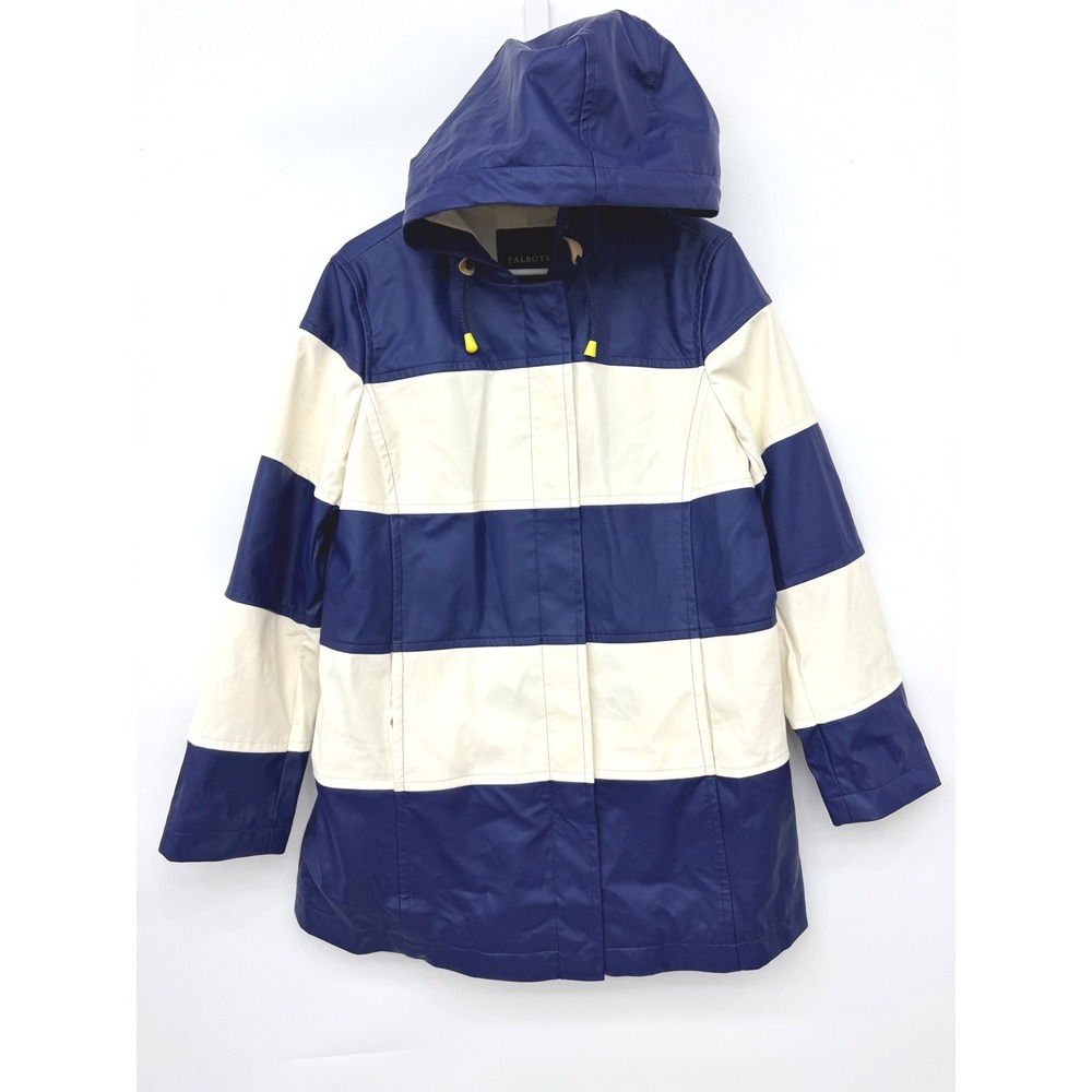 Talbots Vintage Rain Jacket Striped Hooded Full Zip Snap Womens L Blue White